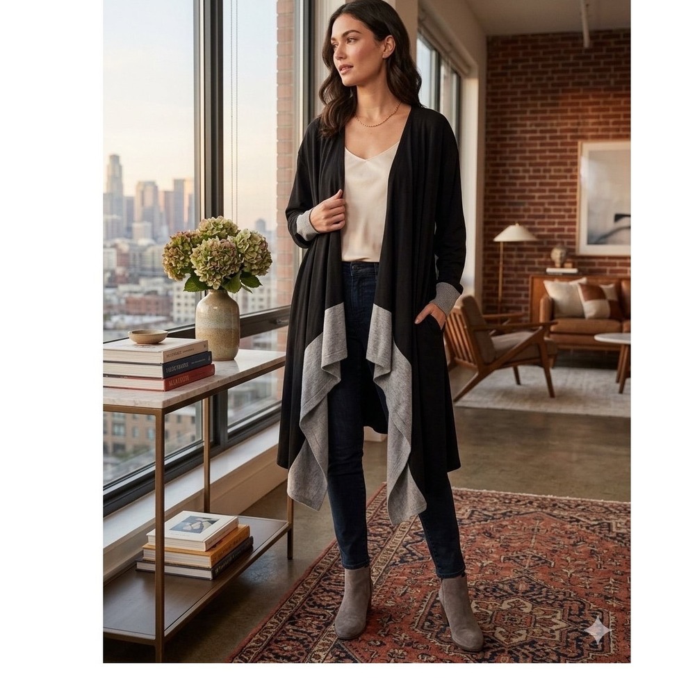 BloomChic Black Grey Colorblock Waterfall Open Front Longline Cardigan US 28 NEW